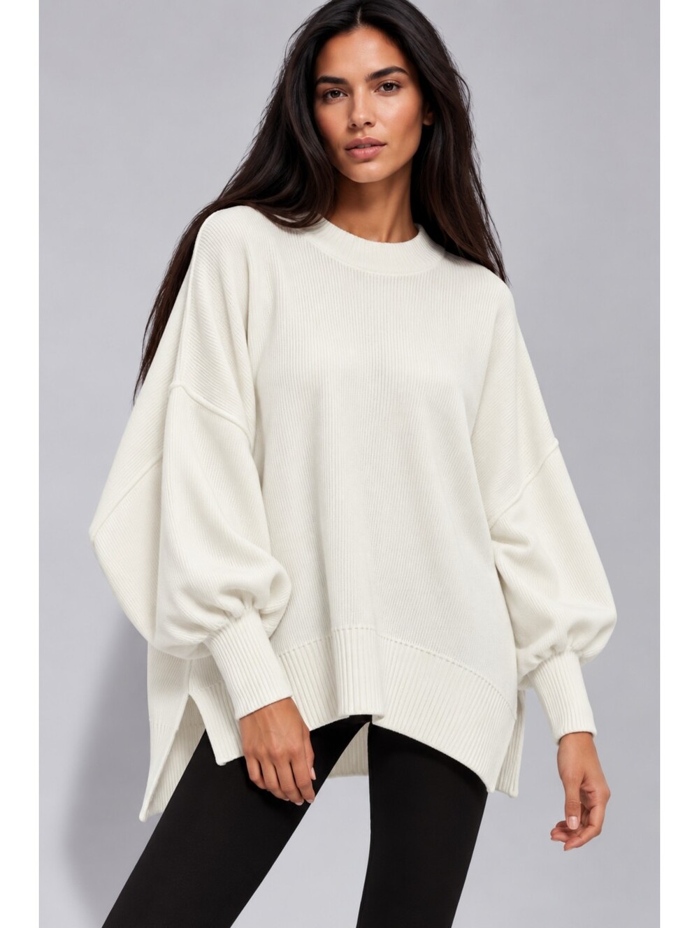 Free People Cream Oversized Ribbed Crewneck Sweater
